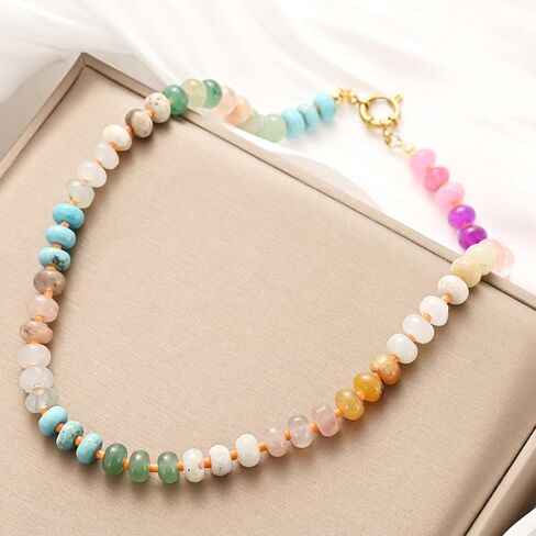 Natural Stone Beaded Necklace for Women Boho Colorful Beads Choker Necklace Rainbow Charm Necklace Surfer Beach Necklace Jewelry Gift in Saudi Arabia