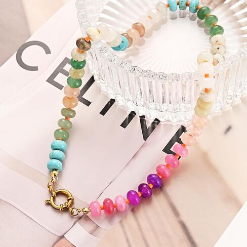 Natural Stone Beaded Necklace for Women Boho Colorful Beads Choker Necklace Rainbow Charm Necklace Surfer Beach Necklace Jewelry Gift in Saudi Arabia