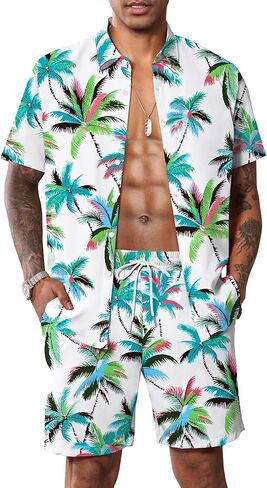 LecGee Mens Coconut Tree Hawaiian Sets Casual Short Sleeve Button Down Shirts Shorts 2 Piece Outfits Summer Tracksuit in Saudi Arabia