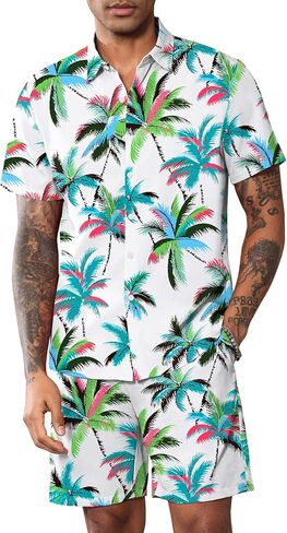 LecGee Mens Coconut Tree Hawaiian Sets Casual Short Sleeve Button Down Shirts Shorts 2 Piece Outfits Summer Tracksuit in Saudi Arabia