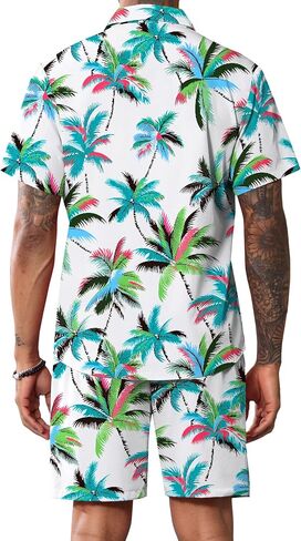 LecGee Mens Coconut Tree Hawaiian Sets Casual Short Sleeve Button Down Shirts Shorts 2 Piece Outfits Summer Tracksuit in Saudi Arabia