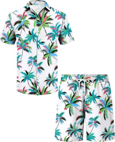 LecGee Mens Coconut Tree Hawaiian Sets Casual Short Sleeve Button Down Shirts Shorts 2 Piece Outfits Summer Tracksuit in Saudi Arabia