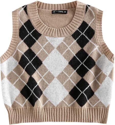 ZAFUL Women's V-Neck Sweater Vest Sleeveless Houndstooth Pullover Knitted Sweater in Saudi Arabia