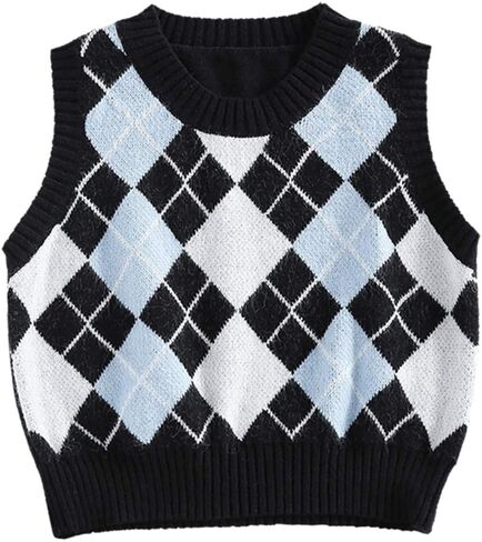 ZAFUL Women's V-Neck Sweater Vest Sleeveless Houndstooth Pullover Knitted Sweater in Saudi Arabia
