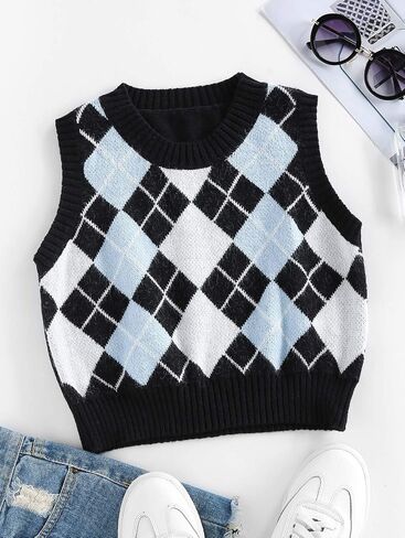 ZAFUL Women's V-Neck Sweater Vest Sleeveless Houndstooth Pullover Knitted Sweater in Saudi Arabia
