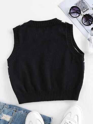 ZAFUL Women's V-Neck Sweater Vest Sleeveless Houndstooth Pullover Knitted Sweater in Saudi Arabia