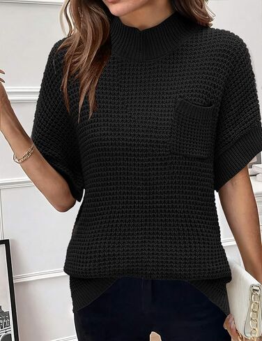 Women 2024 Sweater Vest Mock Neck Batwing Short Sleeve Oversized Ribbed Knit Tops Fall Pullover Sweater S-XXL in Kuwait