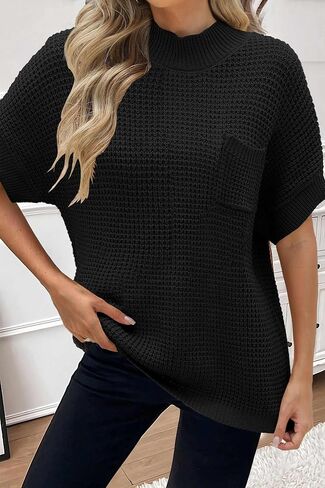Women 2024 Sweater Vest Mock Neck Batwing Short Sleeve Oversized Ribbed Knit Tops Fall Pullover Sweater S-XXL in Kuwait