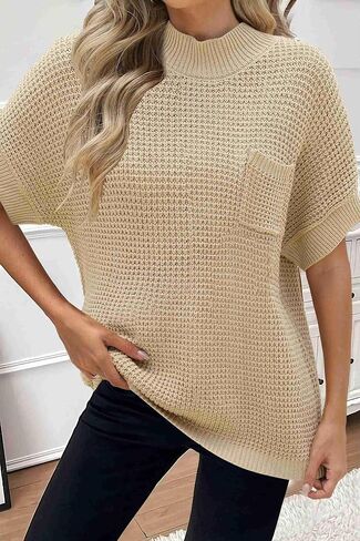 Women 2024 Sweater Vest Mock Neck Batwing Short Sleeve Oversized Ribbed Knit Tops Fall Pullover Sweater S-XXL in Kuwait