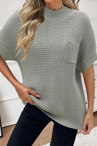 Women 2024 Sweater Vest Mock Neck Batwing Short Sleeve Oversized Ribbed Knit Tops Fall Pullover Sweater S-XXL in Kuwait