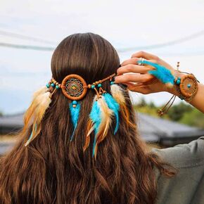 Outyua Boho Turquoise Feather Headband Short Gypsy Feather Headpices Indian Festive Feather Headbands Hair Jewelry for Women and Girls