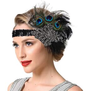 Crystal Feather Headband Peacock Flapper 1920s Headpiece Great Gypsy Sequins Beads Headwear Vintage Roaring Party Headpieces for Women and Girls