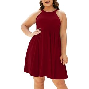 Pinup Fashion Women's Summer Halter Neck Sundress Plus Size Casual Sleeveless Short Swing Dresses with Pockets