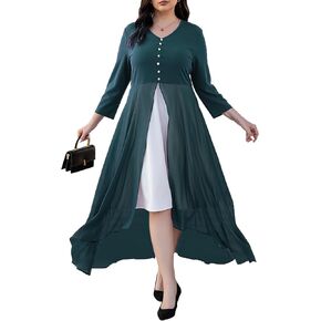 Women's Plus Size 3/4 Sleeve V Neck Chiffon Contrast Panel Cocktail Semi Formal Midi Dresses (A12-Dark Green-XXL)