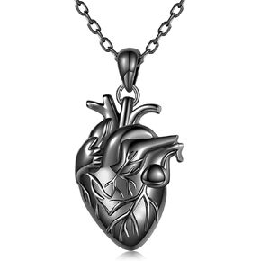 925-Sterling-Silver Anatomical Heart Necklace for Men - 3D Anatomical Organ realistic Black Human Heart Pendant Gothic Steampunk Jewelry Cool Gifts for Boyfriend Birthday Medical Nurse Gift for Women in Kuwait