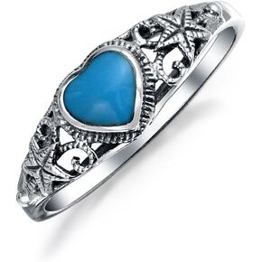 Bling Jewelry Nautical Starfish Stabilized Turquoise Heart Band Ring For Women For Teen Oxidized Sterling Silver December Birthstone