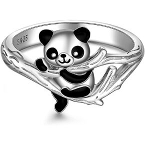 Panda Ring for Women Girls Sterling Silver Cute Animal Black Panda Bear Jewelry Rings Friendship Christmas Birthday Valentines Gifts