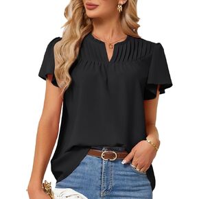 JASAMBAC Women's Summer Dressy Casual Blouses Business Work Tops V Neck Short Sleeve Pleated Front Flowy T Shirts Blouses