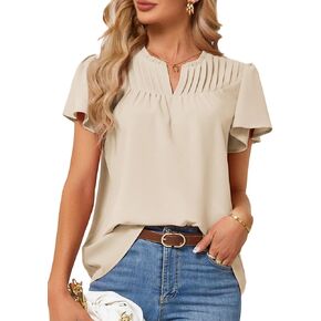 JASAMBAC Women's Summer Dressy Casual Blouses Business Work Tops V Neck Short Sleeve Pleated Front Flowy T Shirts Blouses