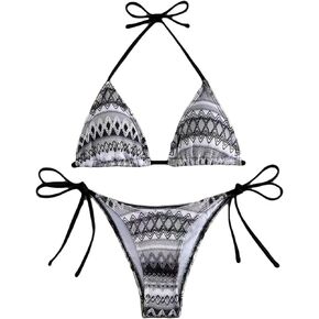 Women's Boho Geo Print Cute Bathing Suit High Waisted Halter Tie Back Swimsuit Bikini Set