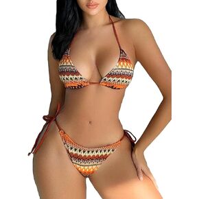 Women's Boho Geo Print Cute Bathing Suit High Waisted Halter Tie Back Swimsuit Bikini Set