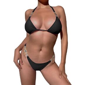 2 Piece Halter Glitter Rhinestone Swimsuit Sexy Lace-up Jeweled Bikini Bathing Suit Shiny Crystal Swimwear for Women