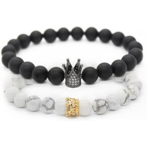 EnjoIt Couple Distance Bracelet Diffuser Beads Crown Queen Bracelets Matte Agate & White Howlite Lava Stone