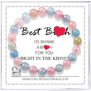AmpleLove Natural Stone Bracelets for Women - Best Friends Bracelet Sterling Silver Heart Charm Bracelet for Women Girls Morganite Beads Bracelet, 8mm