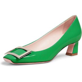 JiaBinji Women Metal Buckle Pumps Closed Squared Toe Slip On Chunky Kitten Low Heels Pumps Dress Casual Pumps for Women Office Work Shoes