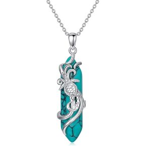 Shusukue Turquoise Turtle Necklace 925 Sterling Silver Healing Crystal Point Pendant Ocean Beach Hawaii Jewelry Animal Gift for Women Girls