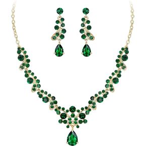 EleQueen Women's Wedding Jewelry for Bride, Round and Leaf Austrian Crystal Necklace Dangle Earrings Sets for Bridesmaid Party