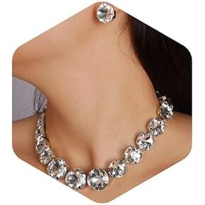 Xerling Round Spakling Crystal Choker Necklaces with Circular Stud Earrings Wedding Jewelry Set for Women