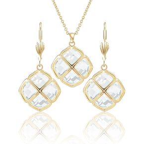14MM Crystal Pendant Dangle Necklace Earrings Sets for Women Glod Plated Costume Jewelry