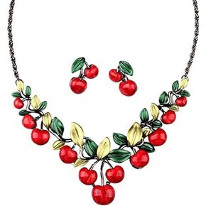 XHBTS Cute Fruit Cherry Earrings Necklace Set for Women Dripping oil Red Cherry Hoop Earrings Cherry Pendant Necklace for Girls