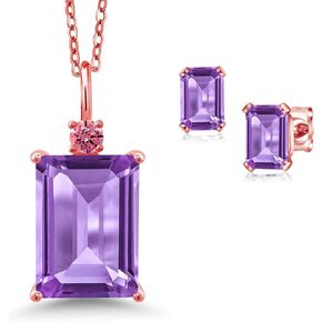 Gem Stone King 18K Rose Gold Plated Silver Amethyst and Fancy Pink Zirconia Pendant Necklace Earrings Set For Women (7.40 Cttw, Gemstone Birthstone, Emerald Cut 14X10MM and 6X4MM, with 18 Inch Chain)