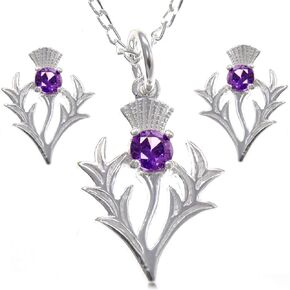 Alexander Castle Scottish Thistle Amethyst 925 Sterling Silver Jewelry Set for Women - Necklace and Earring Set - Gifts for Women Girls Teens with Jewelry Gift Box - Stud Earrings