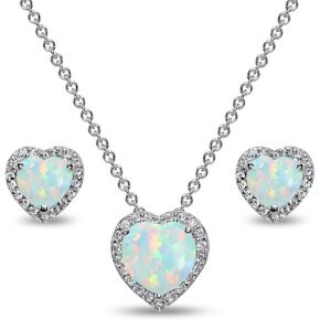 Sterling Silver Genuine or Synthetic Gemstone Halo Heart Necklace & Stud Earrings Set for Women