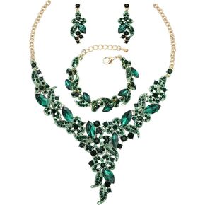 QLLYHLH Austrian Crystal Wedding Jewelry Set Flower Statement Necklace Dangle Earrings Link Bracelet Brides Bridesmaid Prom Costume Party Accessories for Woman