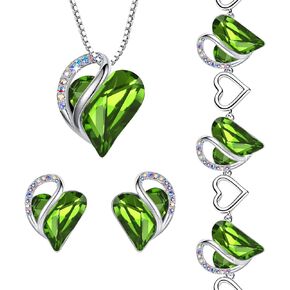 Leafael Infinity Love Heart Necklace, Stud Earrings, and Bracelet for Women, August Birthstone Crystal Jewelry, Silver Tone Gifts for Women, Peridot Green