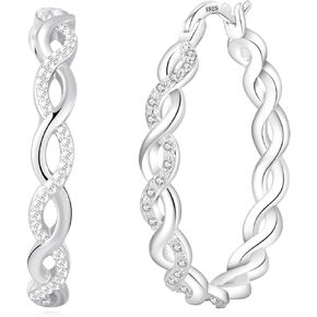 Senteria S925 Sterling Silver Hoop Earrings for Women Hypoallergenic Twisted Hoop Earrings with AAAAA Cubic Zirconia Lightweight Large Silver Hoops Earrings for Women Girls Christmas Gift (30/40/50MM)