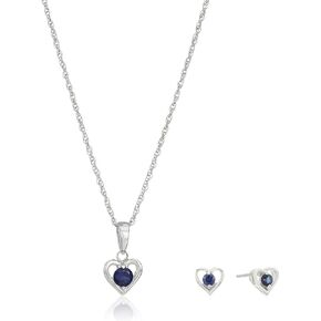 Amazon Collection Girls' Petite Sterling Silver Birthstone Open Heart Stud Earrings and 16" Pendant Necklace Jewelry Set