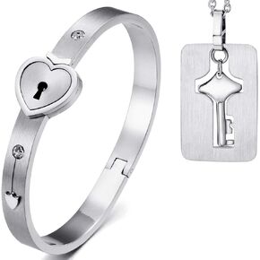 Cupimatch 2pcs His and Hers Matching Couple Bracelet Necklace Set, Stainless Steel Love Heart Lock Bangle Key Tag Pendant Necklace Chain