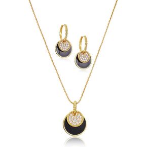 CLASSYZINT Gold And Black Jewelry Sets For Women CZ Stone Black Epoxy Round Disc Pendant Necklace And Hoop Earrings Gold Jewelry Set