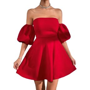 WDIRARA Women's Off Shoulder Tie Back Zipper Backless Puff Sleeve High Waist Flared Hem Strapless Knitted Dress