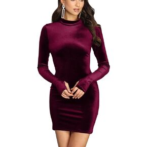 Mizoci Women's Sexy Bodycon Long Sleeve Elegant Velvet Mock Neck Mini Club Party Dress