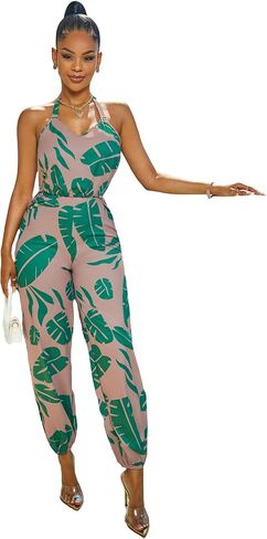 OYOANGLE Women's Tropical Print V Neck Sleeveless Tie Backless Halter Cami Jumpsuit in Saudi Arabia