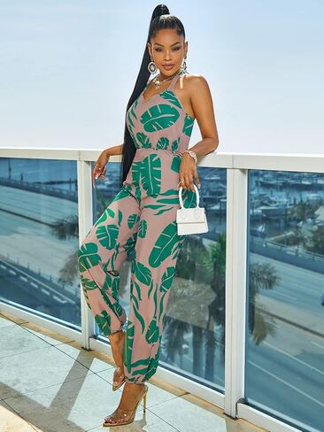 OYOANGLE Women's Tropical Print V Neck Sleeveless Tie Backless Halter Cami Jumpsuit in Saudi Arabia