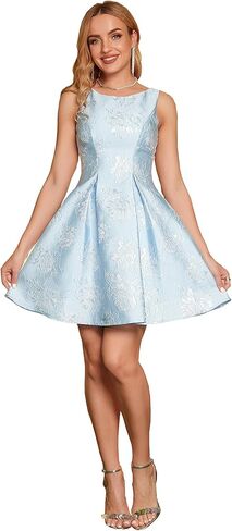 Angel-fashions Women's Round Neck Floral Jacquard Zip Back Short Cocktail Dress in Kuwait