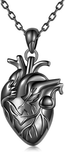 925-Sterling-Silver Anatomical Heart Necklace for Men - 3D Anatomical Organ realistic Black Human Heart Pendant Gothic Steampunk Jewelry Cool Gifts for Boyfriend Birthday Medical Nurse Gift for Women in Kuwait