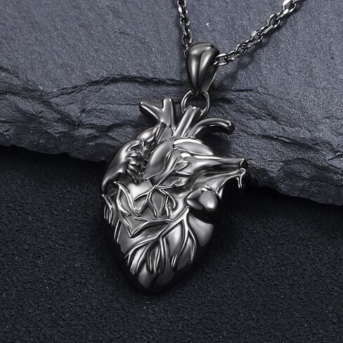 925-Sterling-Silver Anatomical Heart Necklace for Men - 3D Anatomical Organ realistic Black Human Heart Pendant Gothic Steampunk Jewelry Cool Gifts for Boyfriend Birthday Medical Nurse Gift for Women in Kuwait